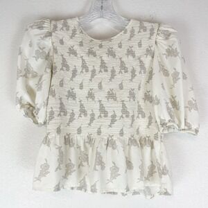 Express Top Womens Medium Smocked Puff Sleeve Peplum Cottagecore Prairie Blouse